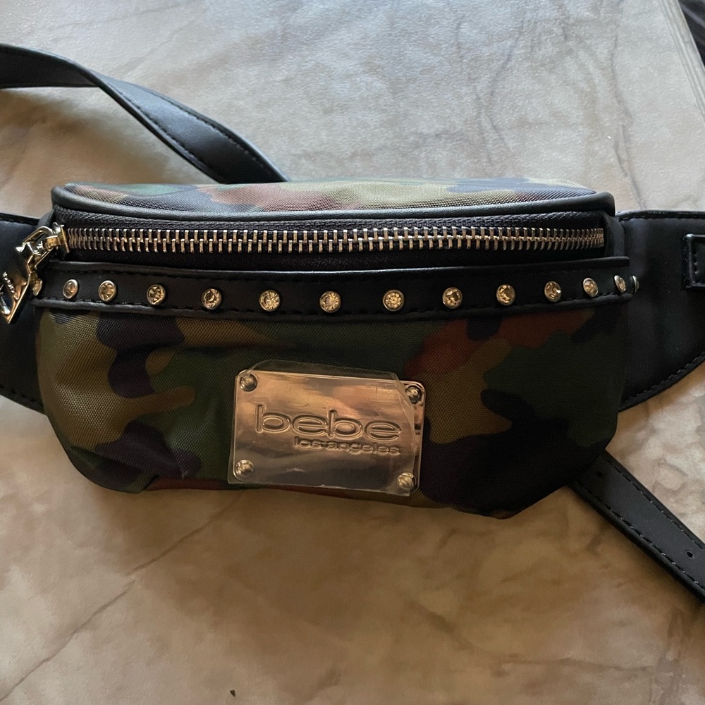 bebe Camo Studded Belt Bag in Green and Black